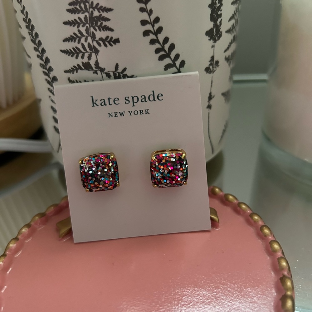 kate spade multicolor glitter square stud earrings - pink & blue accents